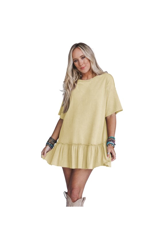 Women's Loose Ruffle Pleated Short Sleeve Dress, Sweet and Spicy Style Dress for Summer, Flowy A Line Cut, Casual Date Outfit, Comfort Fit,Beige XL