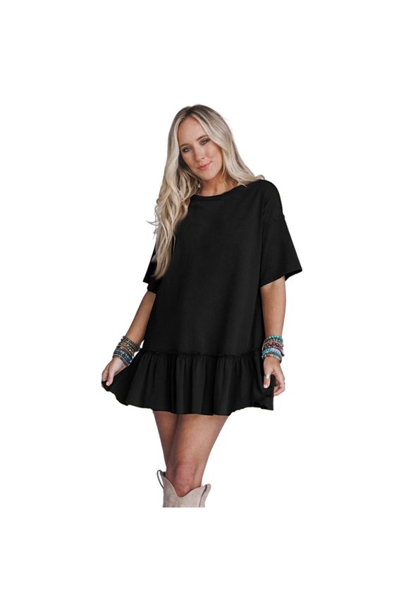 Women's Loose Ruffle Pleated Short Sleeve Dress, Sweet and Spicy Style Dress for Summer, Flowy A Line Cut, Casual Date Outfit, Comfort Fit,Black M
