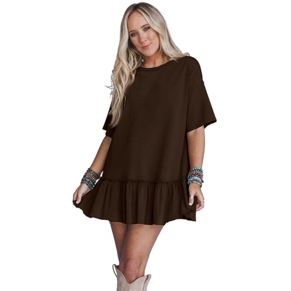 Women's Loose Ruffle Pleated Short Sleeve Dress, Sweet and Spicy Style Dress for Summer, Flowy A Line Cut, Casual Date Outfit, Comfort Fit,Coffee M