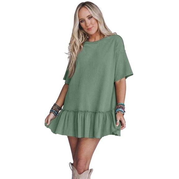 Women's Loose Ruffle Pleated Short Sleeve Dress, Sweet and Spicy Style Dress for Summer, Flowy A Line Cut, Casual Date Outfit, Comfort Fit,Green 2XL