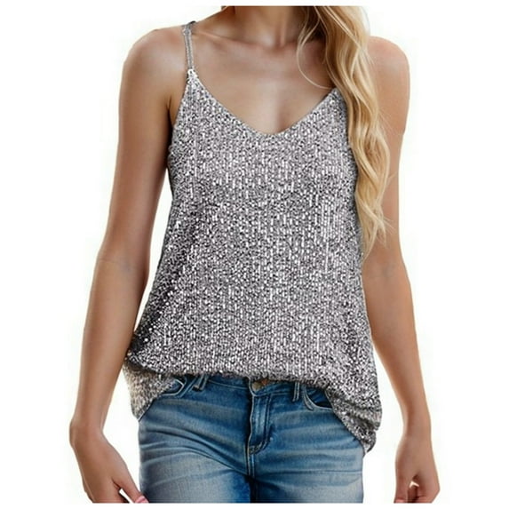 Women's Loose Sequin V Neck Sleeveless Casual Deep V Tank Tops for Everyday Wear