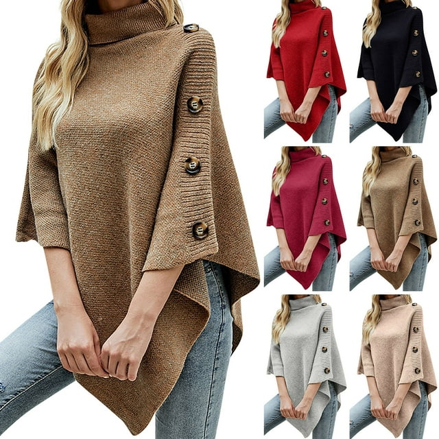 Women's Loose Shawl Cape Chic Turtleneck Button Batwing Sleeve ...