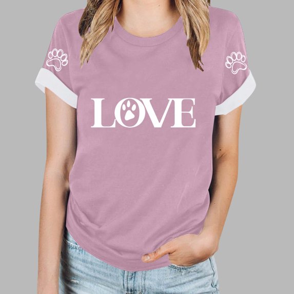 Women's Loose Shirts Fashion Cute Dog Paw LOVE Letter Print T-Shirts Summer Short Sleeve Round Neck Tops