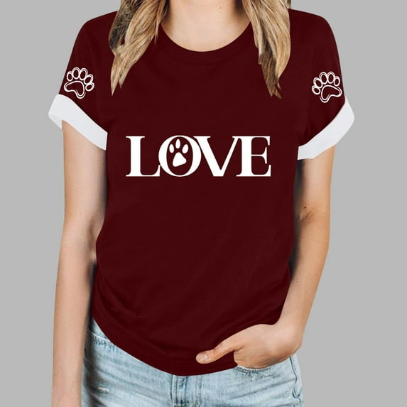 Women's Loose Shirts Fashion Cute Dog Paw LOVE Letter Print T-Shirts Summer Short Sleeve Round Neck Tops