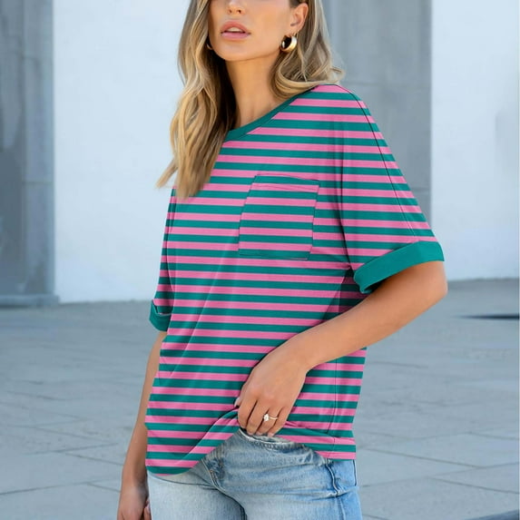 Women's Loose Shirts Summer Short Sleeve Top Fashion Classic Striped Print T-Shirts Casual Comfortable Round-Neck Blouses Half Sleeve Tee Shirt Pullover