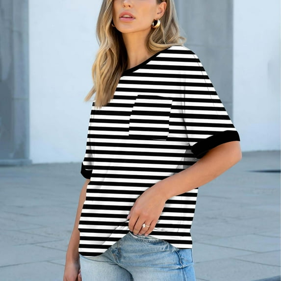 Women's Loose Shirts Summer Short Sleeve Top Fashion Classic Striped Print T-Shirts Casual Comfortable Round-Neck Blouses Half Sleeve Tee Shirt Pullover