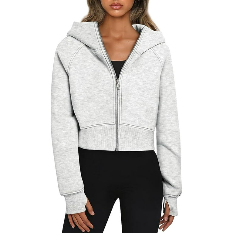 Women s Loose Short Hoodies Solid Color Thumb Hole Long Sleeve Teen Girl Fall Jacket Casual Clothes Zip Up Sweatshirts Coat Walmart