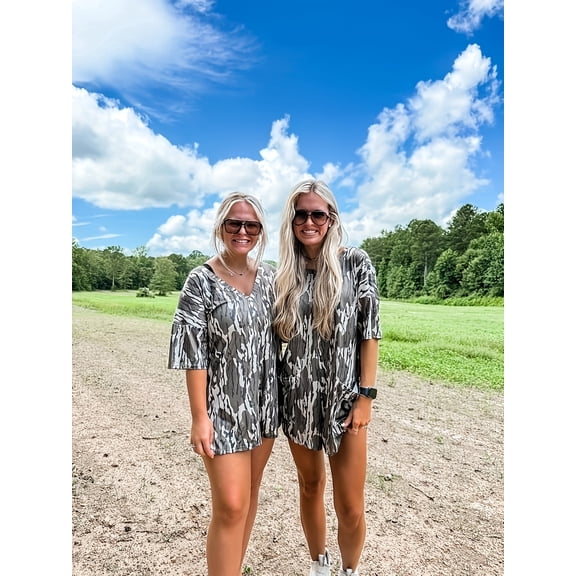 Generic Women's Loose Short Sleeve Romper with Pockets - Abstract Camo Print Summer Casual Outfit