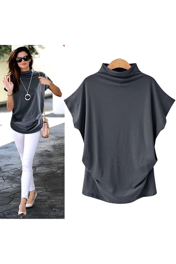 Women's Loose Short Sleeve Stand Collar Drop Shoulder T-Shirt Plus Size Turtleneck Casual Tops