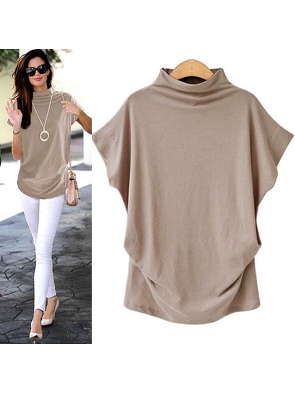 Women's Loose Short Sleeve Stand Collar Drop Shoulder T-Shirt Plus Size Turtleneck Casual Tops
