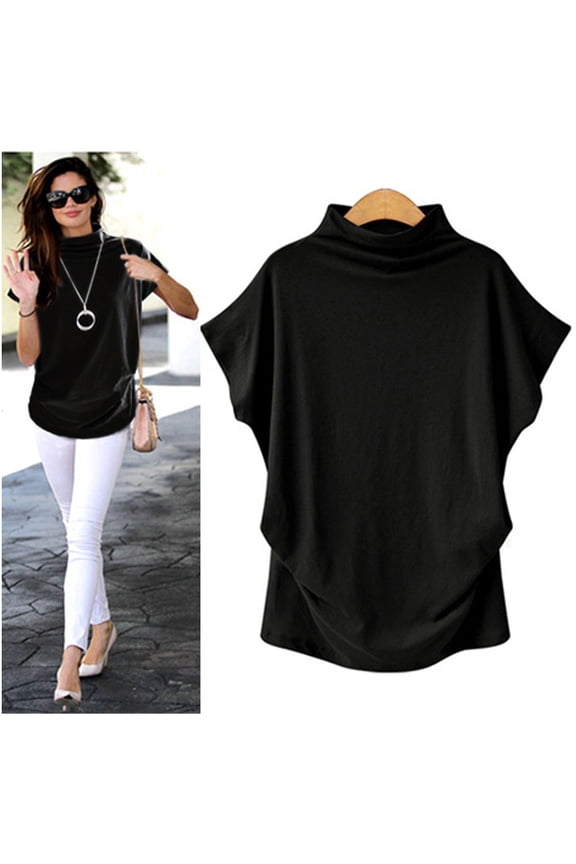 Women's Loose Short Sleeve Stand Collar Drop Shoulder T-Shirt Plus Size Turtleneck Casual Tops