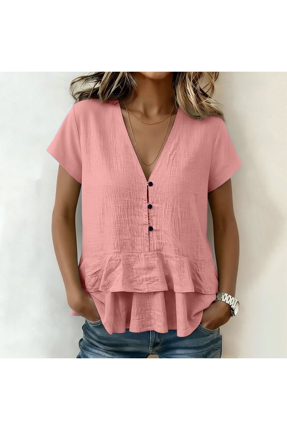 Women's Loose Short Sleeve Tops Womens Layered Ruffle V-Neck Blouse, Button Front Short Sleeve Peplum Summer Linen Tops XXL