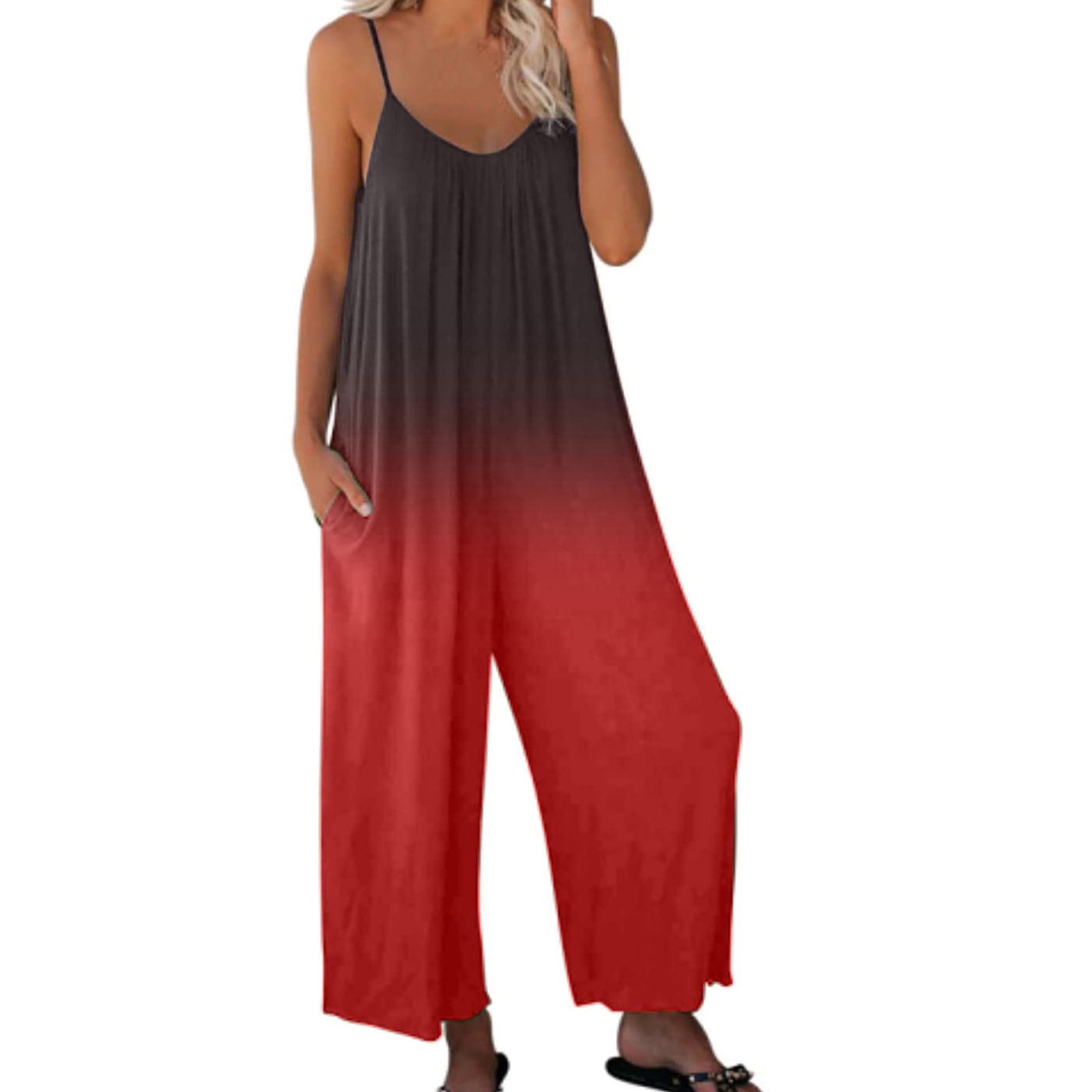 Women's Loose Sleeveless Spaghetti Strap Jumpsuit - Adjustable Wide Leg Printed Romper With Pockets