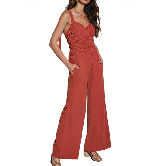 Women's Loose Sleeveless Jumpsuits Adjustable Straps, Wide Leg, Long Rompers with Pockets, 95% Polyester 5% Spandex, Suitable for Multiple Occasions