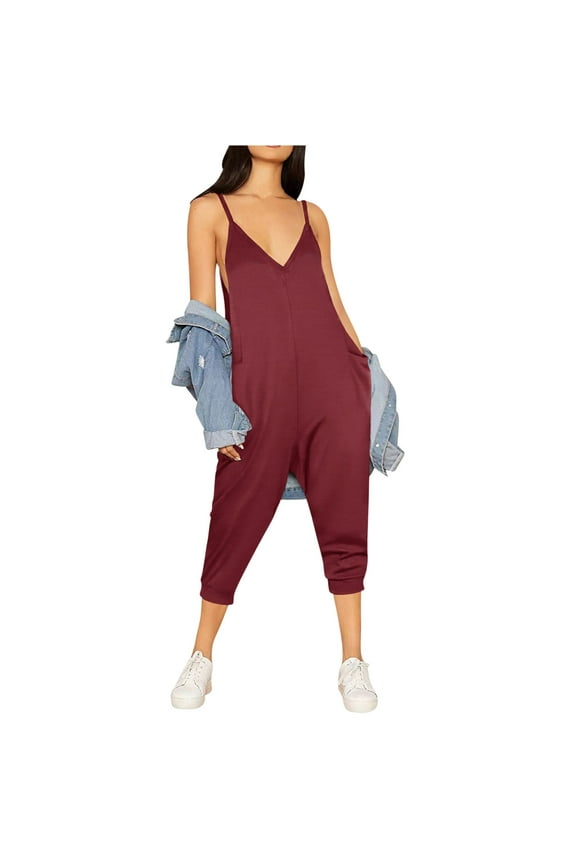 Women's Loose Sleeveless Jumpsuits Capris Spaghetti Strap Harem Capri Pants Casual Romper Overalls Summer Clothes (M, Red)