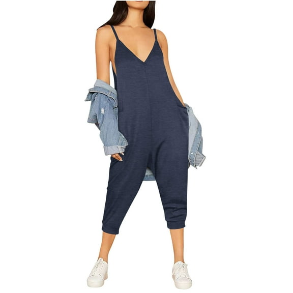 Women's Loose Sleeveless Jumpsuits Capris Spaghetti Strap Harem Capri Pants Casual Romper Overalls Summer Outfits (M, Blue)
