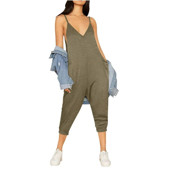 Women's Loose Sleeveless Jumpsuits Capris Spaghetti Strap Harem Capri Pants Casual Romper Overalls Summer Outfits (XL, Army Green)