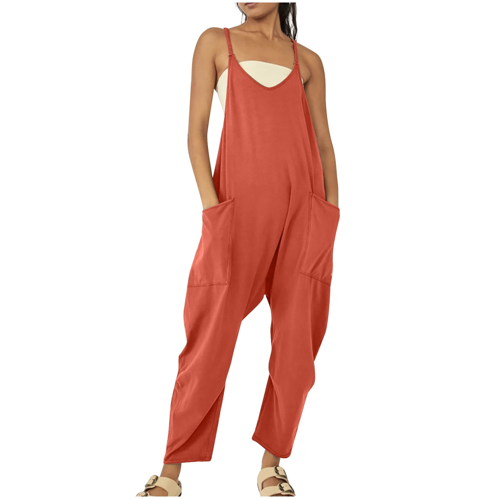 Women's Loose Sleeveless Jumpsuits Spaghetti Strap Stretchy Long Pant  Romper Jumpsuit with Pockets Casual Solid Wide Leg Pants