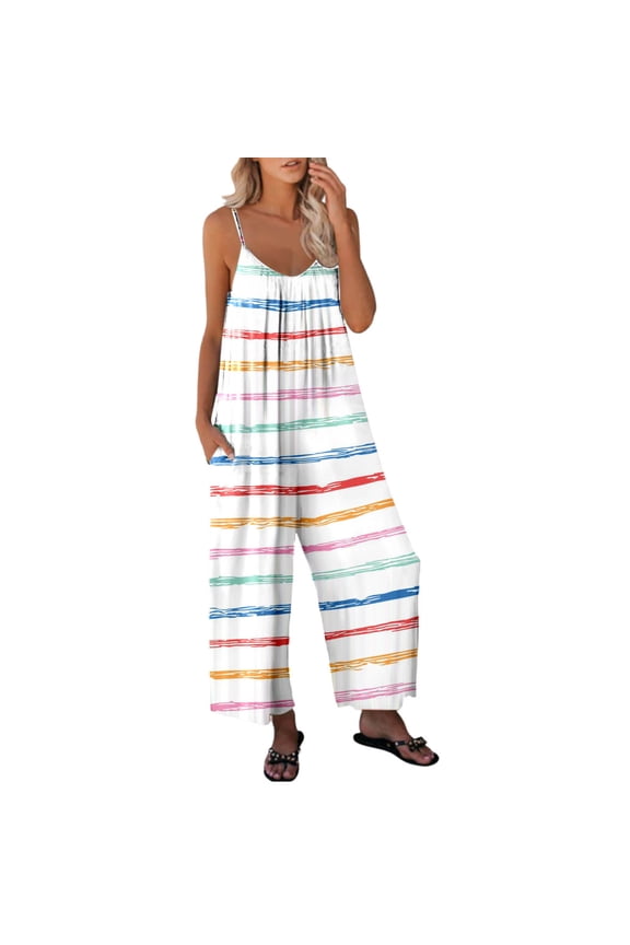 Women's Loose Sleeveless Stripe Jumpsuits Adjustable Spaghetti Strap Stretchy Long Pant Romper Wide Leg Jumpsuit with Pockets