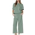 thumbnail image 1 of Women's Loose Solid Color Cotton Linen Casual Suit Drawstring High Waist Wide Leg Sweatsuit Green,L, 1 of 7