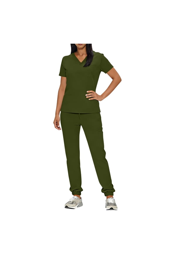 Women's Loose Solid Color Nursing Uniform Set V Neck Short Sleeve Blouse Drawstring Pants With Pockets for Medical Work Army Green XL