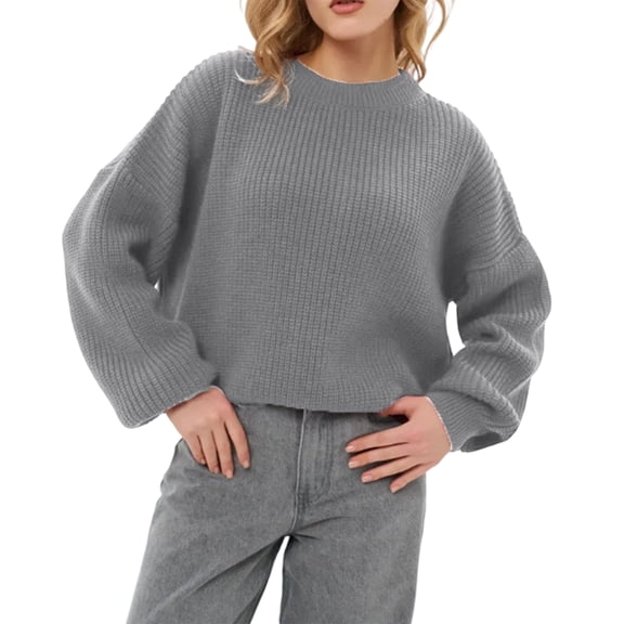 Women's Loose Solid Color Short Round Neck Pullover Long Sleeve Knit, Comfortable and Casual Sweater, Short Length Design, Perfect for High-Waisted Bottoms, Soft Knit for Women,Gray,XL