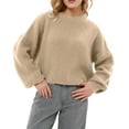 thumbnail image 1 of Women's Loose Solid Color Short Round Neck Pullover Long Sleeve Knit, Comfortable and Casual Sweater, Short Length Design, Perfect for High-Waisted Bottoms, Soft Knit for Women,Khaki,XL, 1 of 3