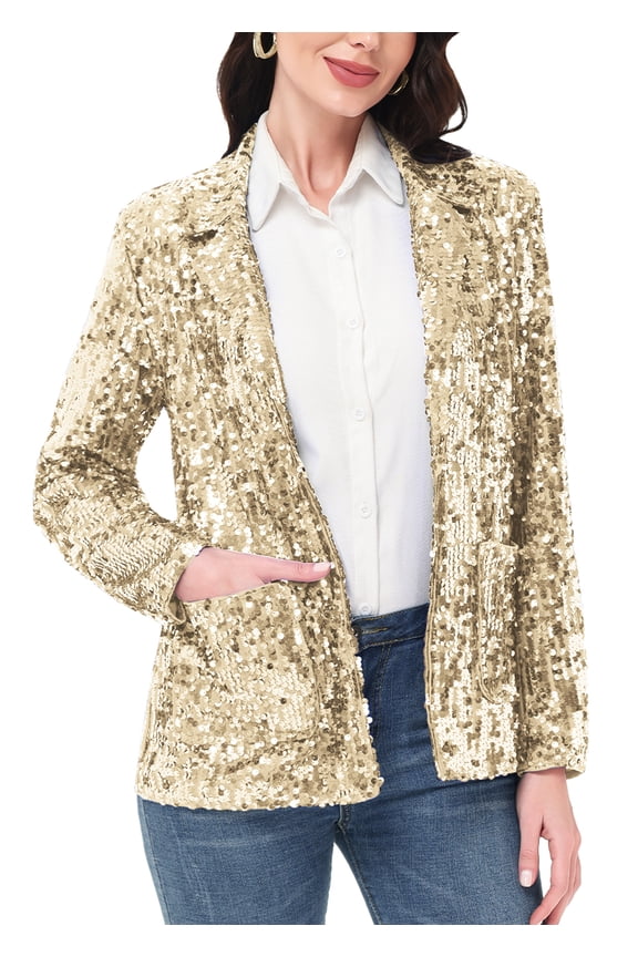 Women's Loose Sparkle Sequin Jacket Long Sleeve Casual Blazer Open Front Cardigan Coat, Gold, X-Large