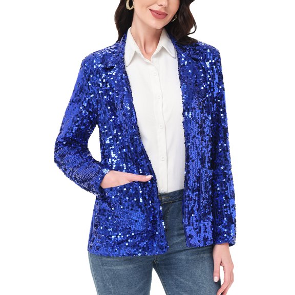 Women's Loose Sparkle Sequin Jacket Long Sleeve Casual Blazer Open Front Cardigan Coat, Royal Blue, X-Large