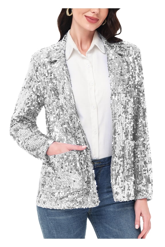 Women's Loose Sparkle Sequin Jacket Long Sleeve Casual Blazer Open Front Cardigan Coat, Silver, Medium