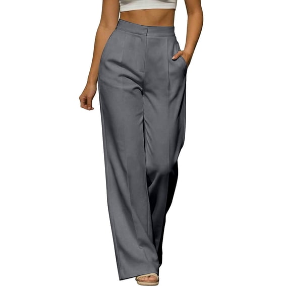 Women's Loose Straight Dress Trousers High Waist Pleated Wide Leg Suit Pants with Pockets Business office Casual Pants for Daily Wear Gray