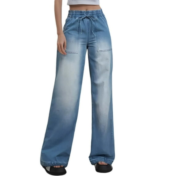 Women's Loose Straight Jeans for Women - Bell Bottom Jeans for Women Ripped High Waisted Classic Tassels Flared Pants Soft Cropped Jeans,Color:Blue,Size:M