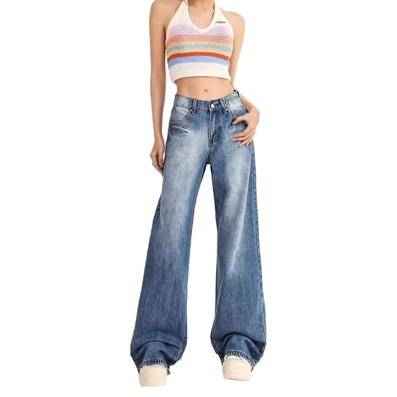 Women's Loose Straight Jeans for Women - Bell Bottom Jeans for Women Ripped High Waisted Classic Tassels Flared Pants Soft Cropped Jeans,Color:Blue,Size:S