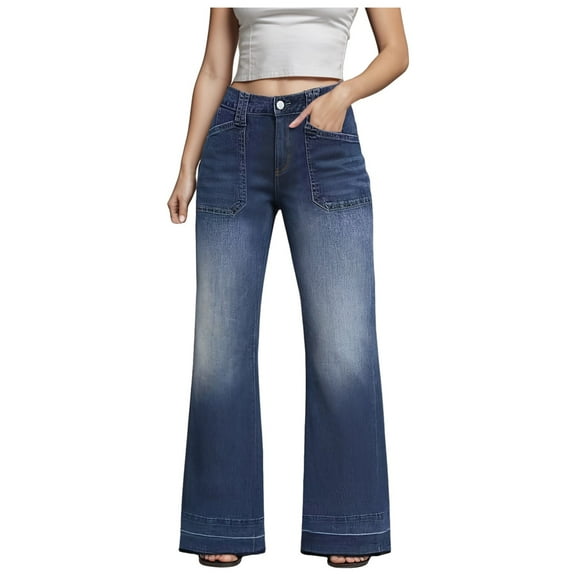 Women's Loose Straight Jeans for Women - Bell Bottom Jeans for Women Ripped High Waisted Classic Tassels Flared Pants Soft Cropped Jeans,Color:Blue,Size:XL