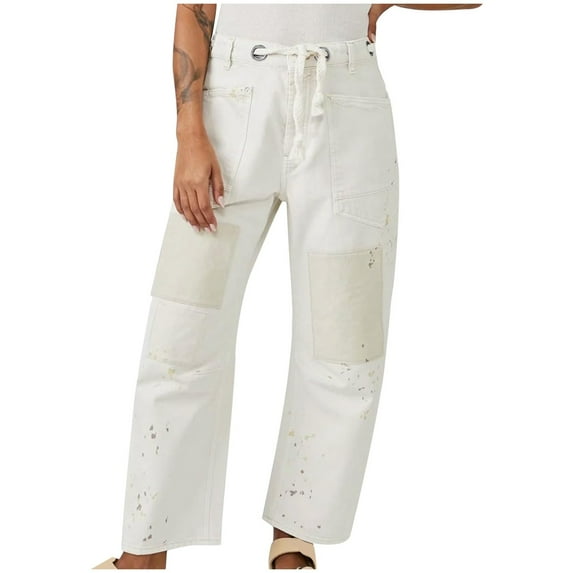 Women's Loose Straight Leg Drawstring Casual Jeans Comfortable Wide Leg Denim Trousers For Everyday Wear Casual Pants for Women with Pockets Women Trouser Pants Casual Drawstring Pants for Women Women