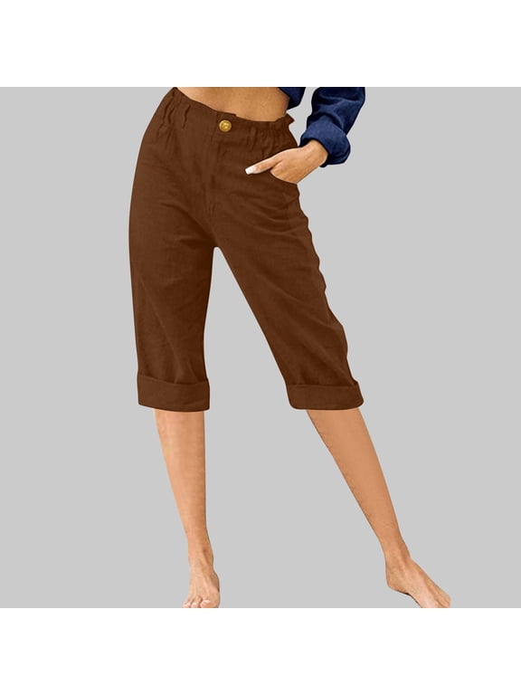 Women's Loose Straight Leg Half Pants Summer High Waist Cotton Solid Slim Fit Casual Womens Fashion Pants With Pockets