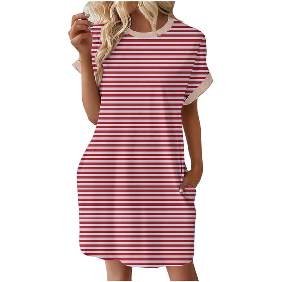 DailyTrove Women's Loose Striped Midi Dress, Short Sleeve, Casual Lounge & Beach Cover-Up, Soft Polyester Blend, Solid Color