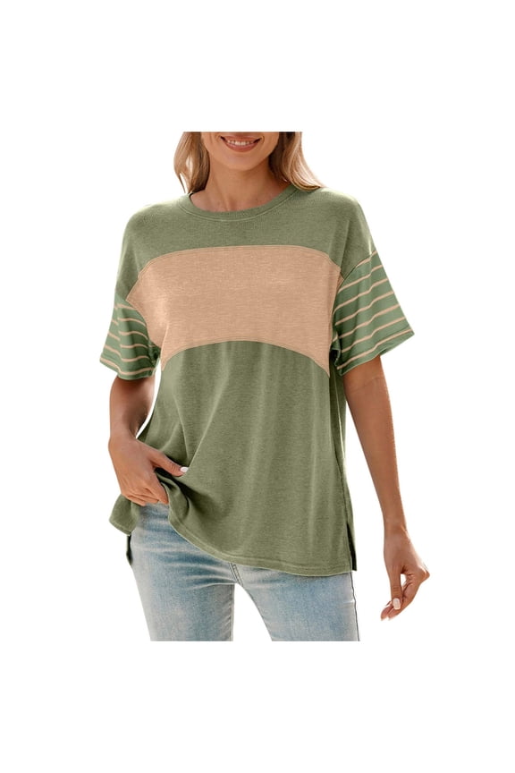 Women's Loose Summer Tops Drop Shoulder Colorblock Striped T-shirts Crewneck Short Sleeve Tshirts with Side Split (L, Green)