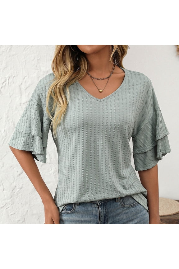 Women's Loose T-Shirt, V-Neck Flutter Sleeve Blouse, Casual Floral Jacquard Top for Women, Relaxed Fit Short Sleeve Shirt