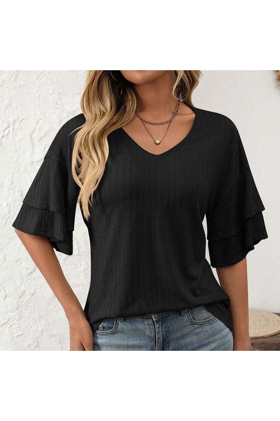 Women's Loose T-Shirt, V-Neck Flutter Sleeve Blouse, Casual Floral Jacquard Top for Women, Relaxed Fit Short Sleeve Shirt