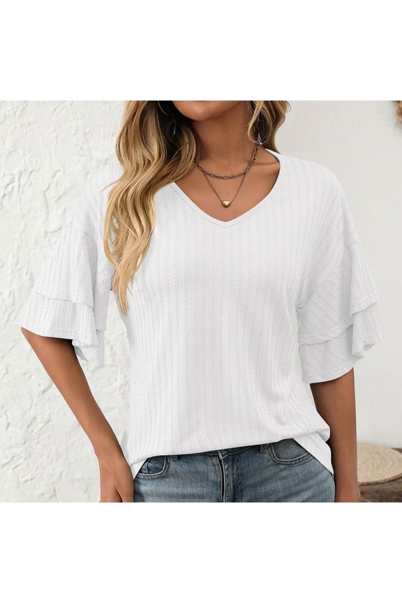 Women's Loose T-Shirt, V-Neck Flutter Sleeve Blouse, Casual Floral Jacquard Top for Women, Relaxed Fit Short Sleeve Shirt