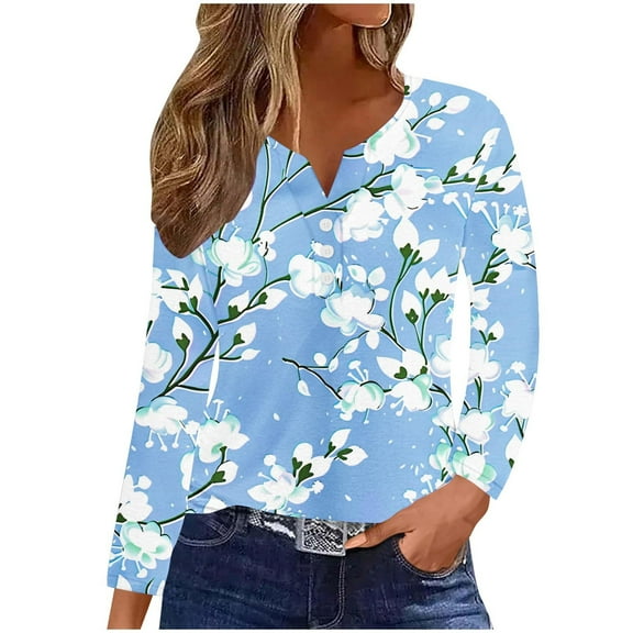 Women's Loose Tunic Tops 3/4 Length Sleeve Notch V Neck Floral Cotton Blouses Buttons Pullover Loose Going Out Shirts, Light Blue, XXL