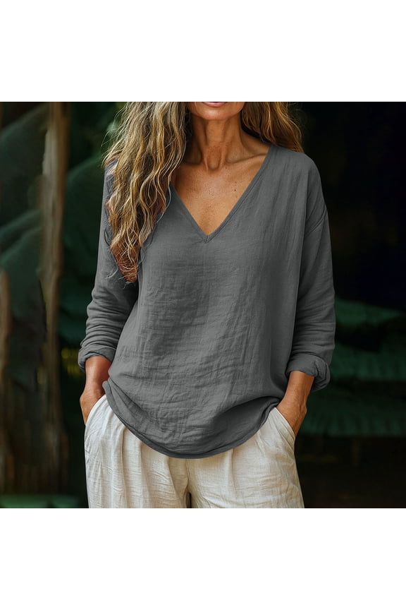 Women's Loose V-Neck Drop-Shoulder Long-Sleeve Top - Slouchy Casual Loungewear & Everyday Wear