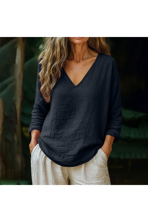 Women's Loose V-Neck Drop-Shoulder Long-Sleeve Top - Slouchy Casual Loungewear & Everyday Wear