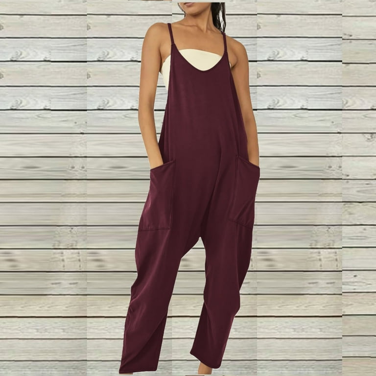 Women's Loose V Neck Jumpsuits Basic Spring Solid Color Sleeveless