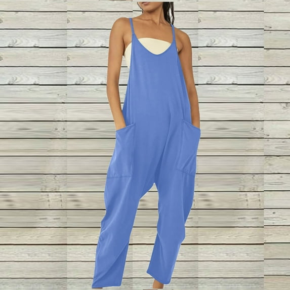 Women's Loose V Neck Jumpsuits Basic Spring Solid Color Sleeveless Spaghetti Strap Long Pants Harem Overalls with Pockets 2024 Clearance Sale Plus Size