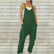 FAVIPT Women's Loose V Neck Jumpsuits Basic Spring Solid Color Sleeveless Spaghetti Strap Long Pants Harem Overalls with Pockets 2024 Clearance Sale Plus Size