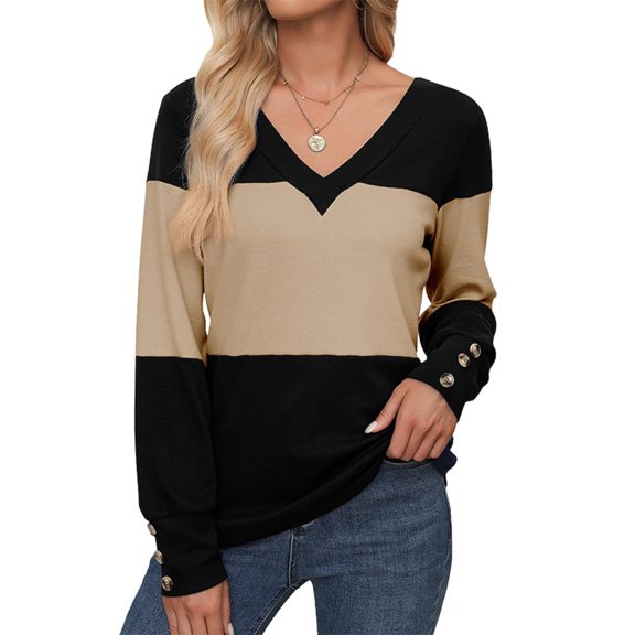 Women's Loose V-Neck Long Sleeve Colorblock T-Shirt Button Long Sleeve, Stylish Casual Top with Color Block Design for Everyday Fashion,Black,M
