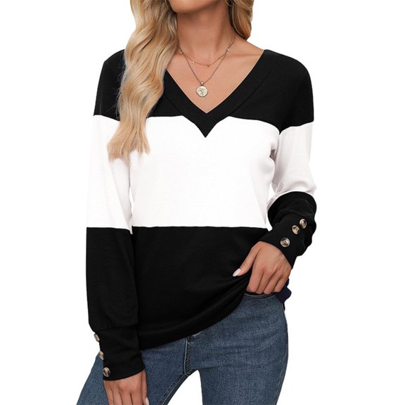 Women's Loose V-Neck Long Sleeve Colorblock T-Shirt Button Long Sleeve, Stylish Casual Top with Color Block Design for Everyday Fashion,White,L