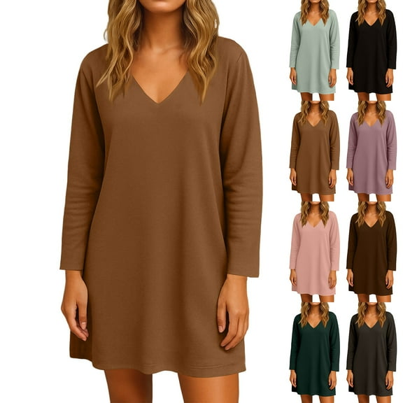 Women's Loose V-Neck Mid Length Long Sleeve Home Skirt Dress, Cozy Fall and Winter Loungewear for Indoor Comfort, Soft and Warm Fabric,Pink,M